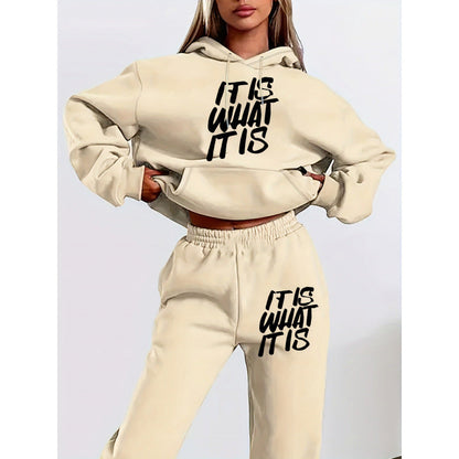 Damen Hoodie Jogginghose Set Baumwolle Mit Schriftzug Anthrazit