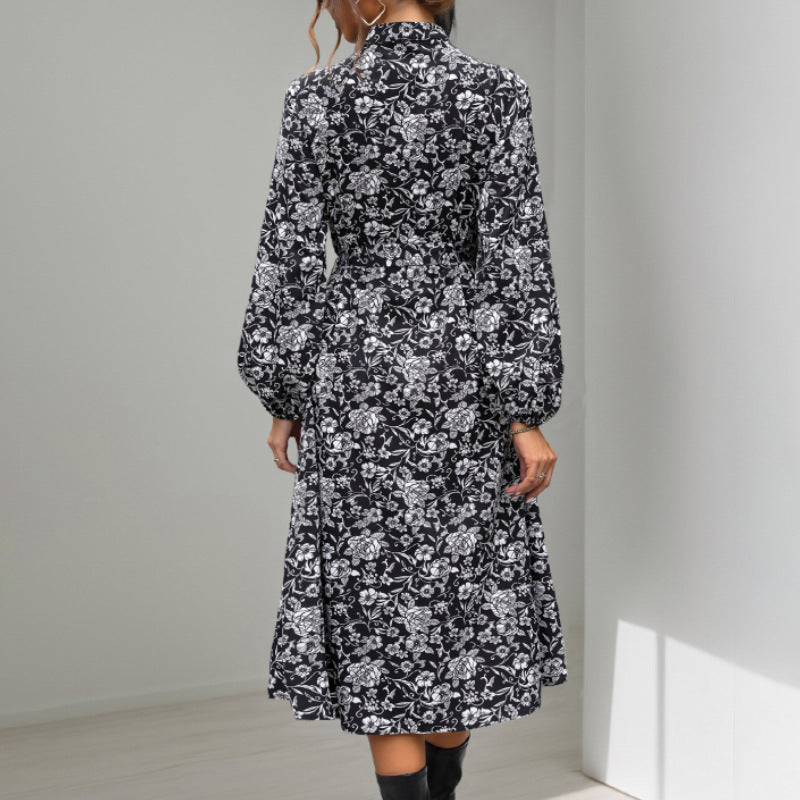 Damen Kleid Lang Floralmuster Elegante Taillierung