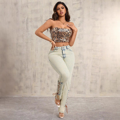 Damen High-Waist Jeans Schnürdetail