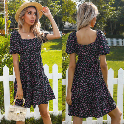 Damen Blümchenkleid mit Puffärmeln und Volumenrock