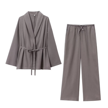 Damen Zweiteiler Set mit Bindegürtel und weite Hose Modern