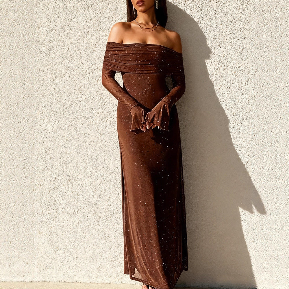 Damen Abendkleid Schulterfrei Paillettenbesatz Figurbetonter Schnitt