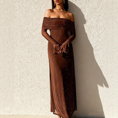 Damen Abendkleid Schulterfrei Paillettenbesatz Figurbetonter Schnitt