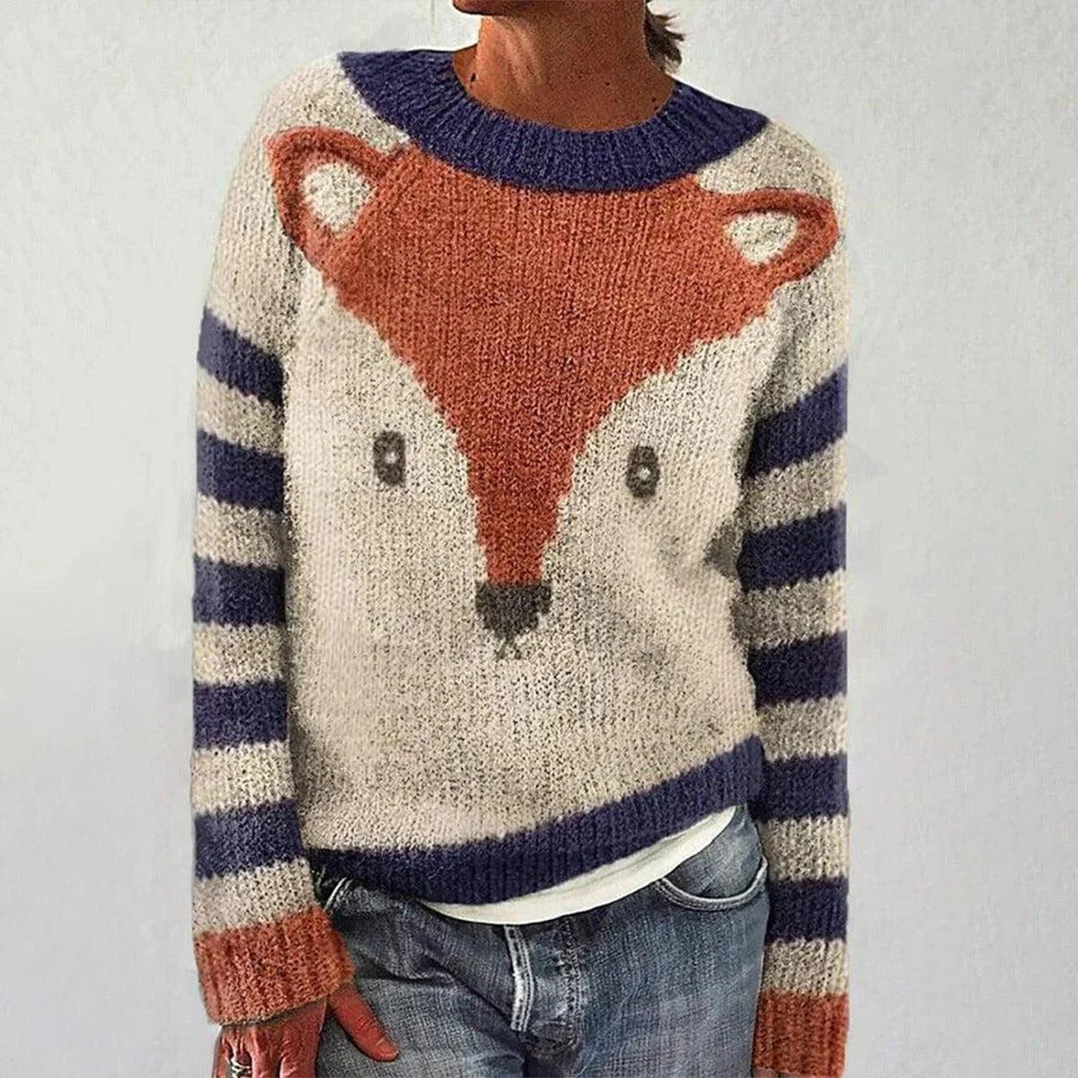 Damen Pullover Fuchs-Motiv Streifen Ärmel Norvielle