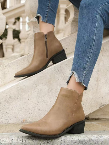 Norvielle Damen Stiefeletten Kunstleder Spitz Niedriger Blockabsatz - Norvielle