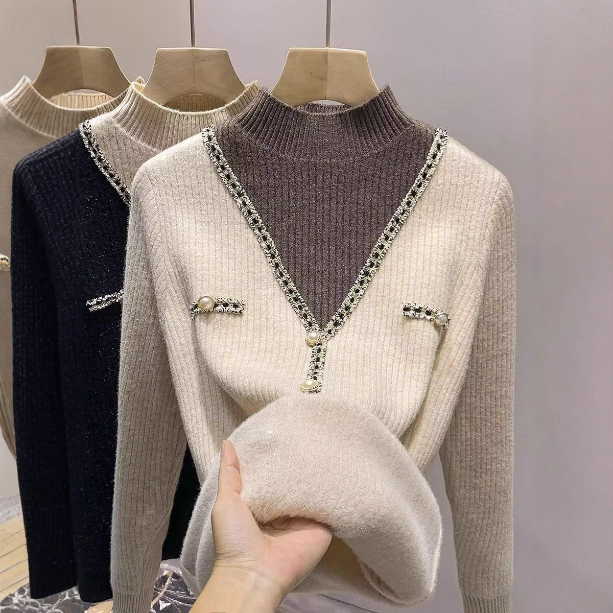 Damen V-Pullover Schimmer-Details Knöpfe Norvielle