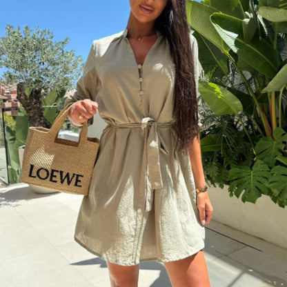 Damen Hemdblusenkleid mit Gürtel und Puffärmeln Norvielle