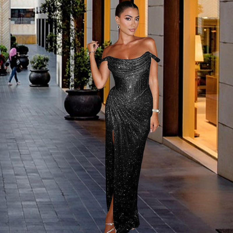 Damen Abendkleid Schimmerndes Detail Drapierter Rock