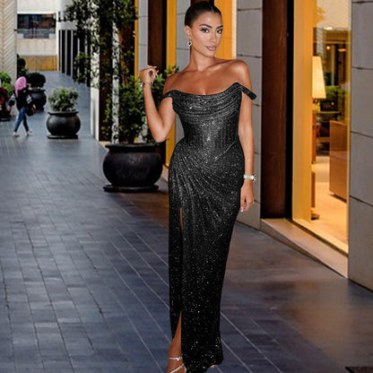 Damen Abendkleid Schimmerndes Detail Drapierter Rock