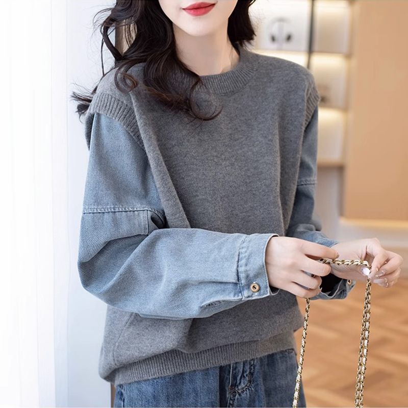 Damen Strickpullover Denim Ärmel Norvielle