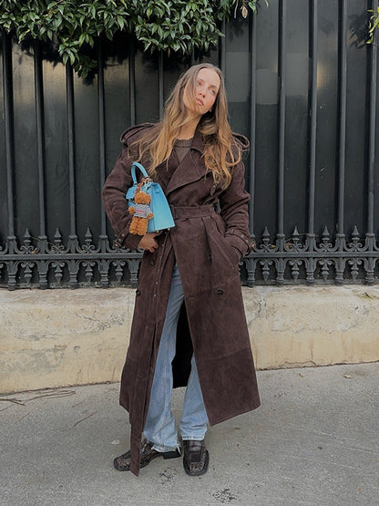 Damen Suede-Trenchcoat Lang Norvielle Beige