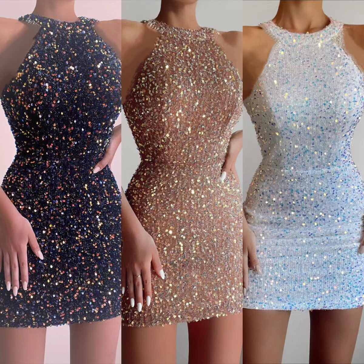Damen Minikleid Glitzernd Halber Halsausschnitt Figurbetont Norvielle - Norvielle