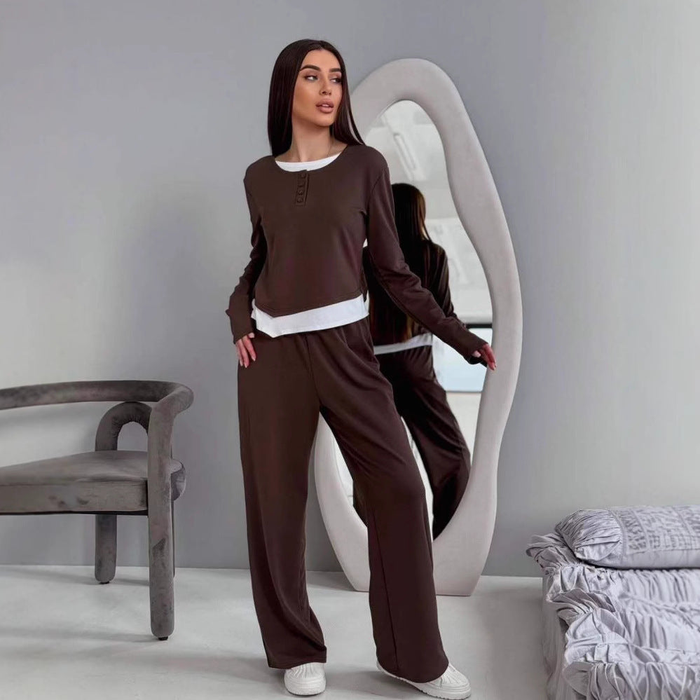 Damen Loungewear-Set Langarmshirt Weite Hose Norvielle