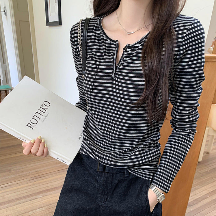 Damen Langarmshirt Streifenmuster Baumwolle Weiß