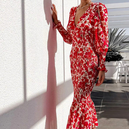 Damen Bodycon Kleid Rüschensaum Blumenmuster