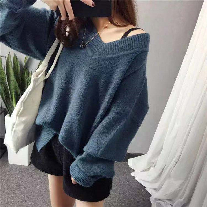 Damen V-Ausschnitt Pullover Grobgestrickt Oversized Ärmel Beige
