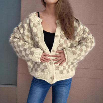 Damen Strickjacke Gemustert Große Knöpfe Locker Norvielle