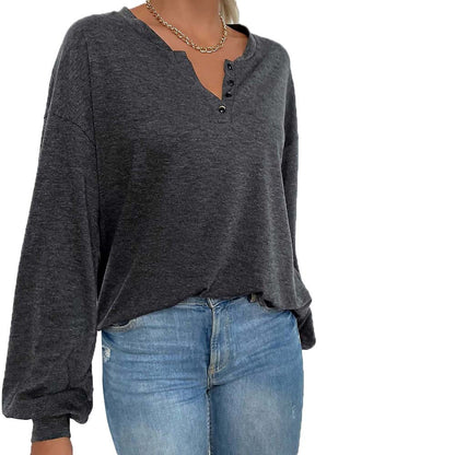 Damen Langarmshirt Knopfleiste Locker Passform