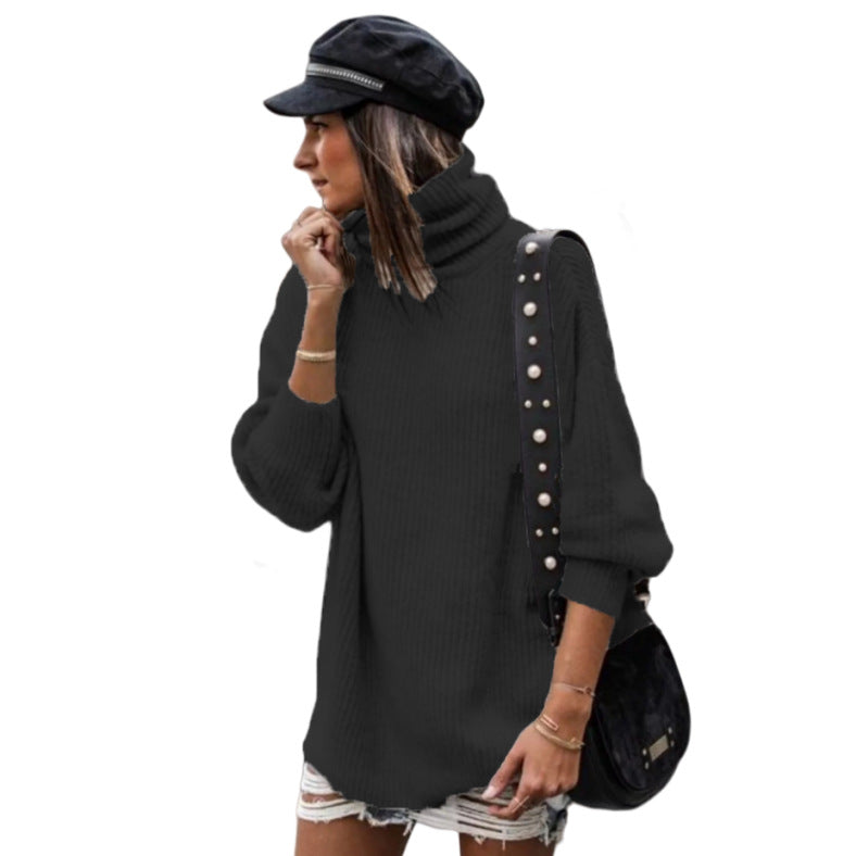 Damen Grobstrickpullover Hochkragen Elegante Knöpfe Norvielle