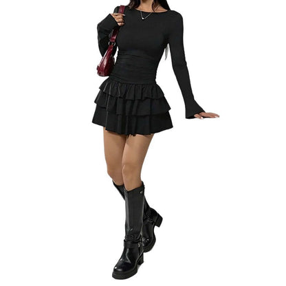 Damen Mini-Kleid Voluminöser Rüschensaum Langer Arm