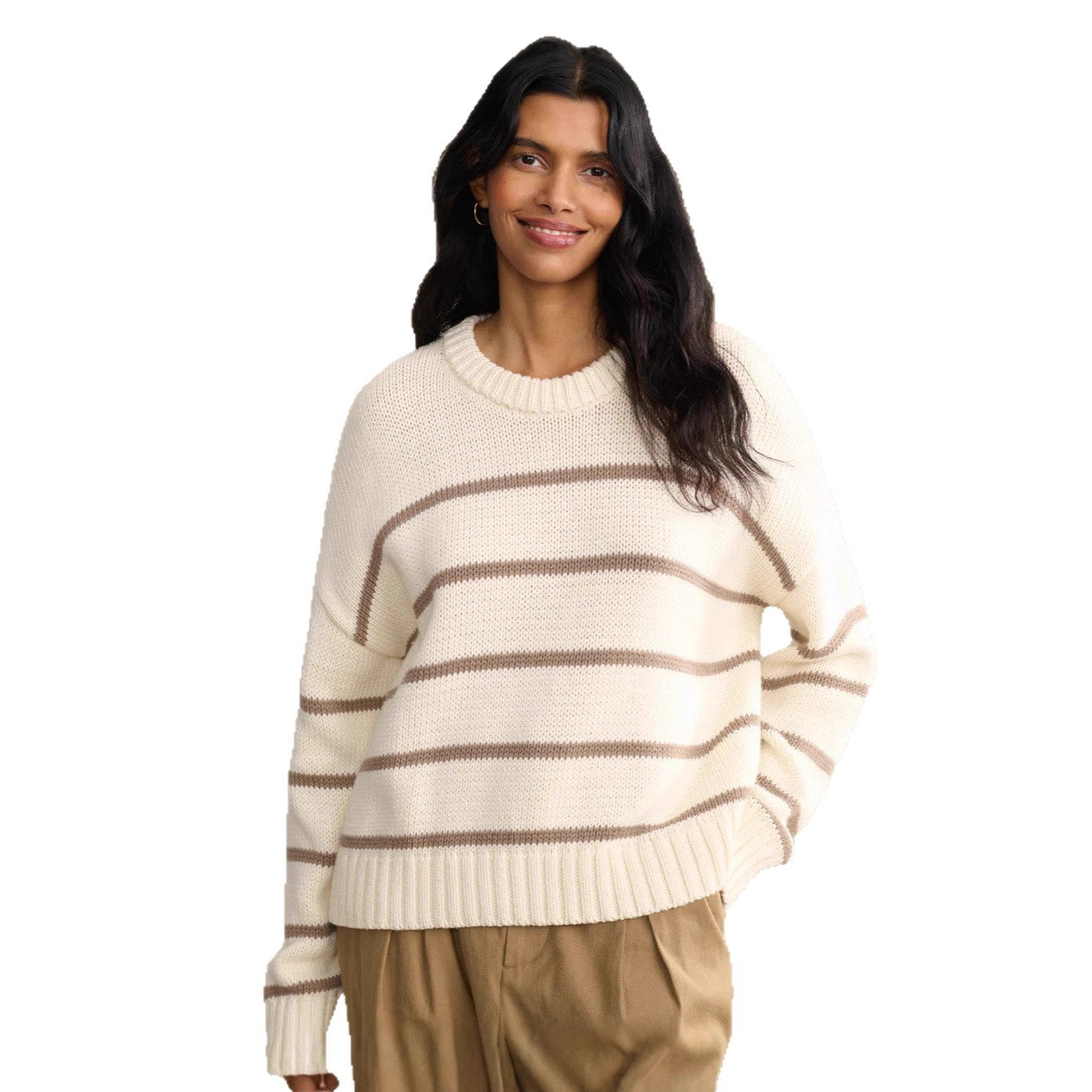 Damen Strickpullover Breitstreifen Rundhals weiß