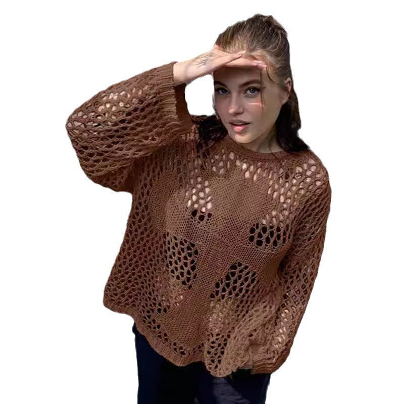 Damen Strickpullover Luftiges Netzdesign Beige