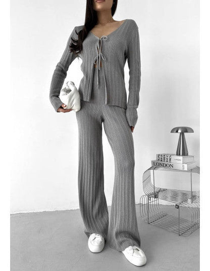 Damen Strick-Set V-Ausschnitt Kordelzug Norvielle