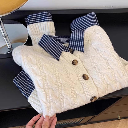 Damen Strickjacke Karostoffkragen Knöpfe Norvielle