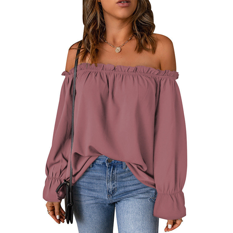 Damen Off-Shoulder Bluse Volantärmel Dekorativer Saum