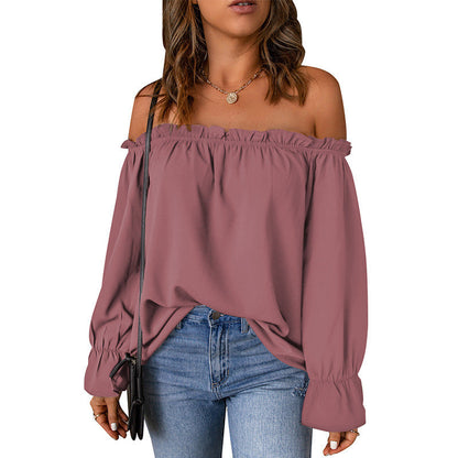Damen Off-Shoulder Bluse Volantärmel Dekorativer Saum