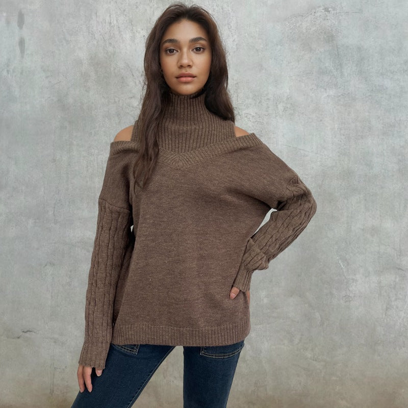 Damen Pullover Schulterfrei Zopfmuster Norvielle
