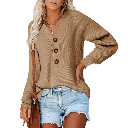 Damen Pullover V-Ausschnitt Holzknöpfe Norvielle