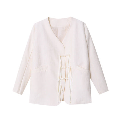 Damen Wickeljacke aus Strukturstoff mit Dekorationsbändern Beige