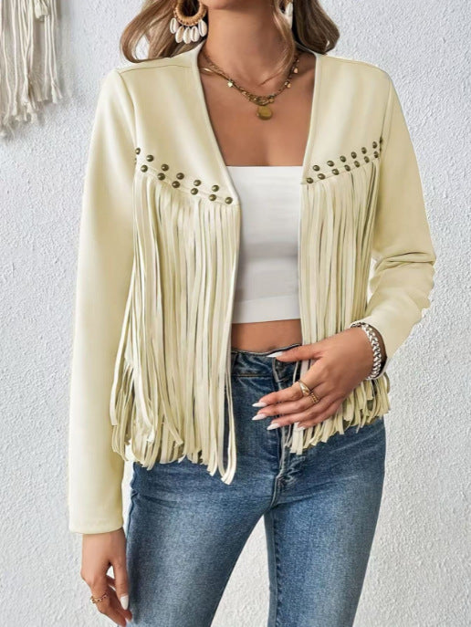 Damen Fransenjacke Dekorative Nieten Leder