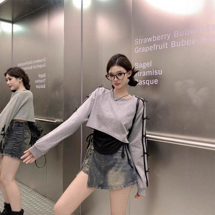 Damen Cropped Sweatshirt mit Schnürung Norvielle