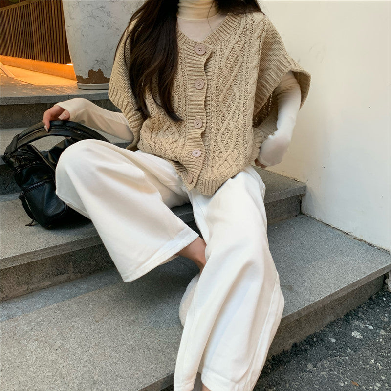Damen Strickpullover Knopfleiste Zopfmuster