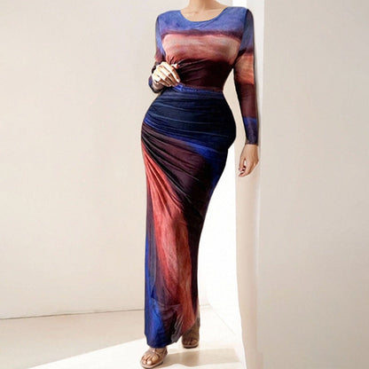 Damen Maxikleid Langarm Elegantes Drapieren