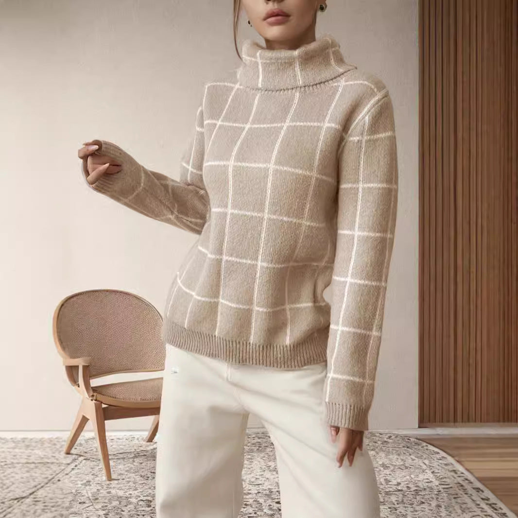 Damen Grobstrickpullover Karomuster Hochkragen Beige