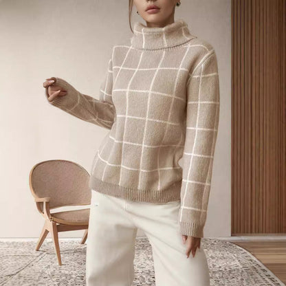 Damen Grobstrickpullover Karomuster Hochkragen Beige