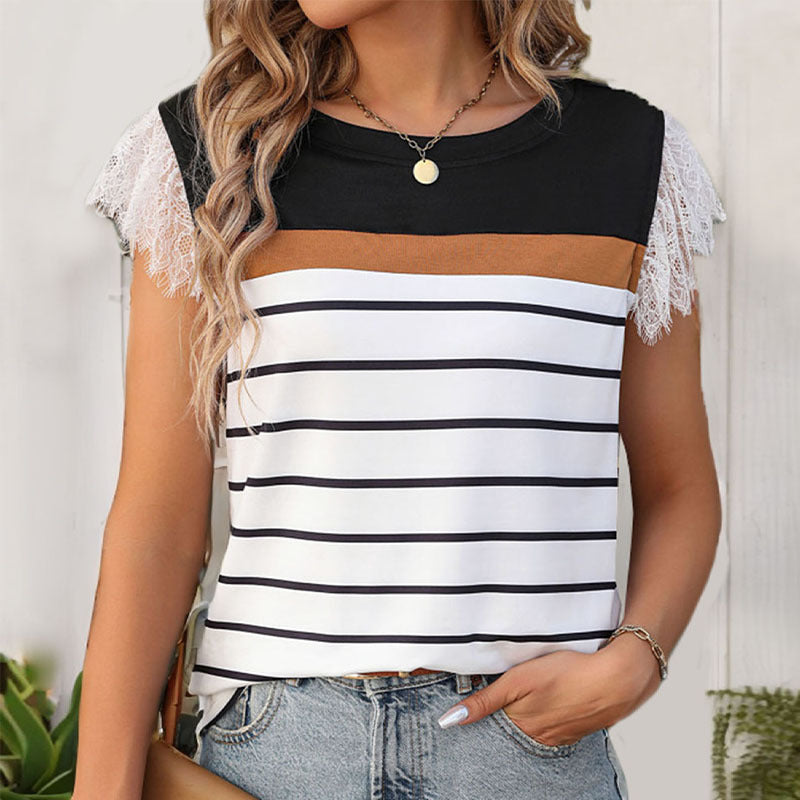 Damen T-Shirt Spitzenärmel Gestreift Norvielle