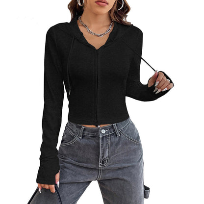 Damen Cropped Hoodie Kapuzenpullover mit Reißverschluss