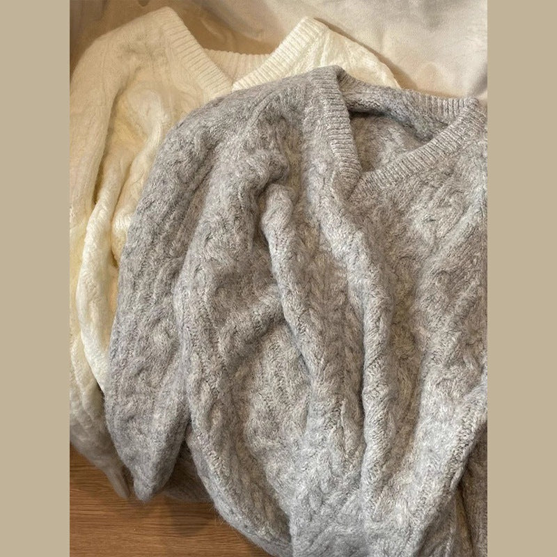 Damen Pullover Grobstrick V-Ausschnitt Zopfmuster Norvielle - Norvielle