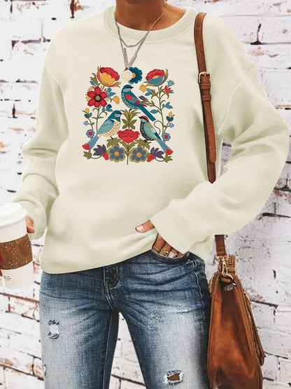 Damen Sweatshirt Florales Vogeldesign Lässiger Schnitt Norvielle
