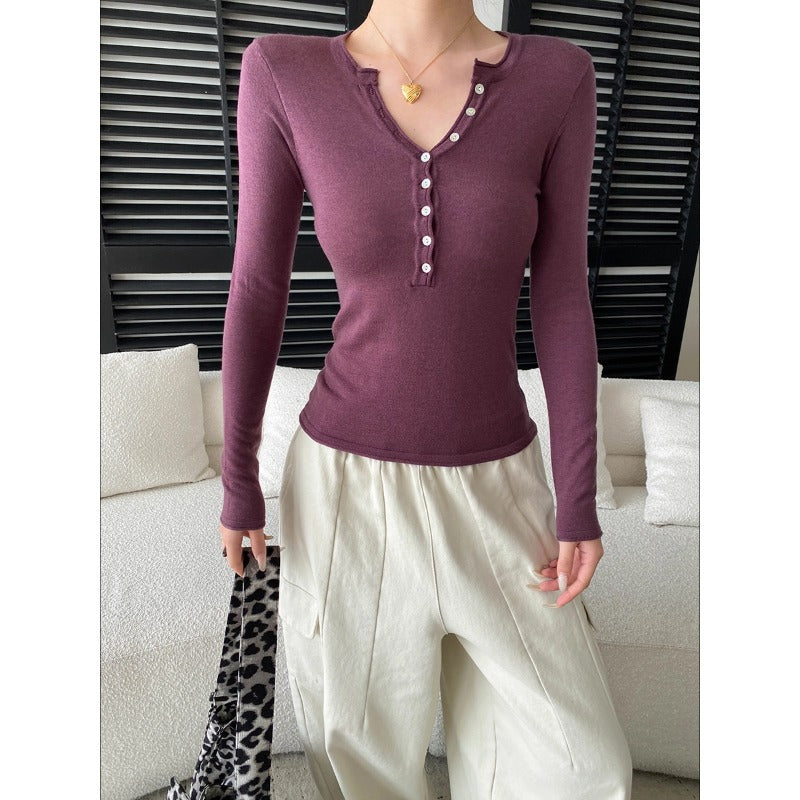 Damen Langarmshirt V-Ausschnitt Dekorative Knöpfe Norvielle - Norvielle
