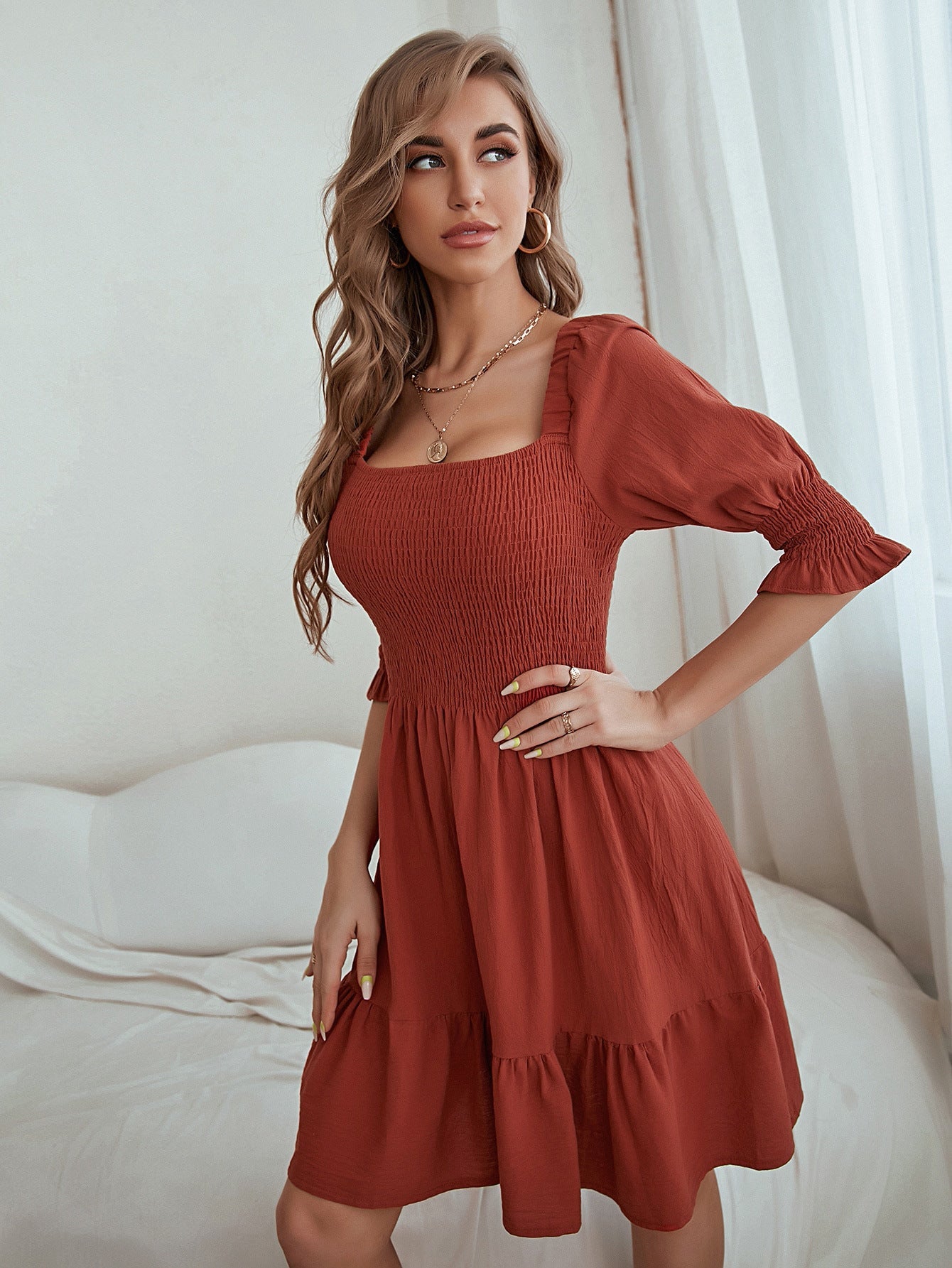 Damen Kurzarmkleid Geraffte Taille Voluminöser Rock Norvielle