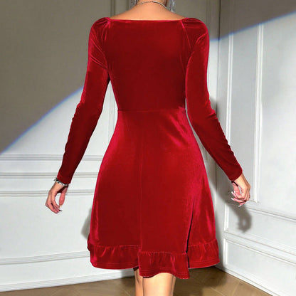 Damen Samt-Kleid Midi V-Ausschnitt Rüschen