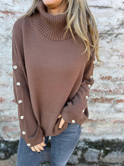 Damen Pullover Rollkragen Dekorativer Knopf Norvielle