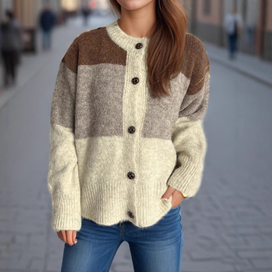 Damen Strickjacke Kuschelig Farbblockdesign Dekorative Knöpfe