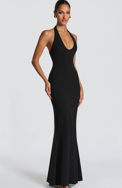 Damen Elegantes Bodenkleid V-Ausschnitt Figurbetonter Stoff