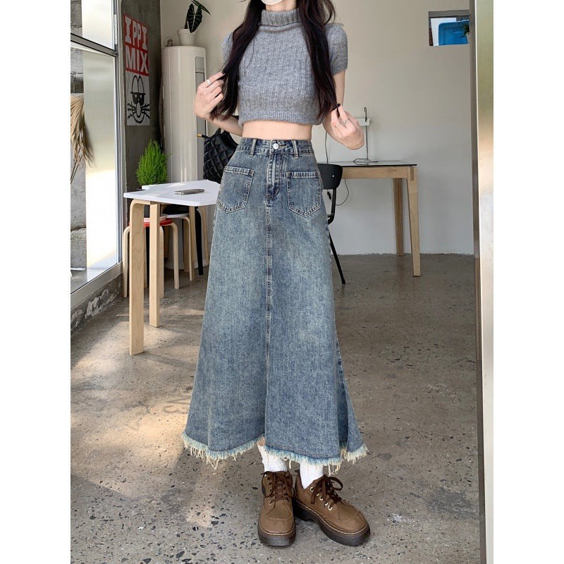 Damen Jeansrock Lang Fransiger Saum Schwarz Norvielle - Norvielle